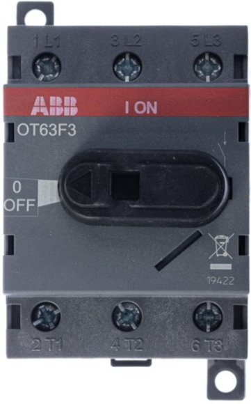 Рубильник OT63F3 до 63А 3х-полюсный для установки на DIN-рейку или монтажную плату (с резерв. ручкой), 1SCA105332R1001 в Москве